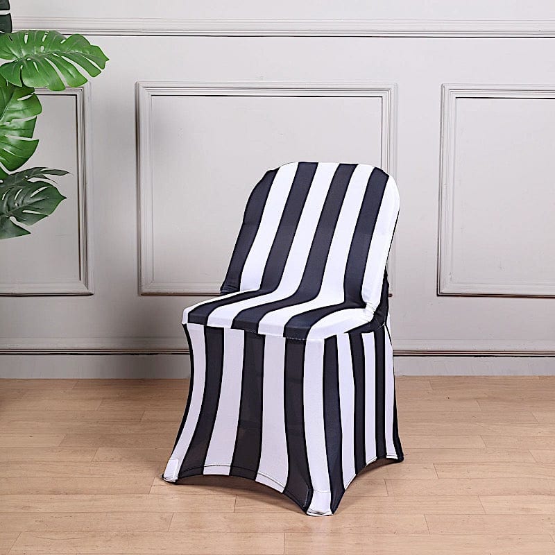 Striped Fitted Premium Spandex Folding Chair Cover - Black and White CHAIR_SPFD15_BLK
