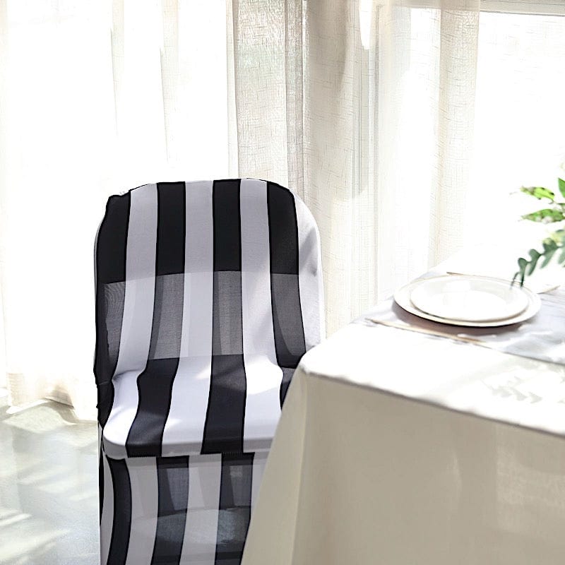 Striped Fitted Premium Spandex Folding Chair Cover - Black and White CHAIR_SPFD15_BLK