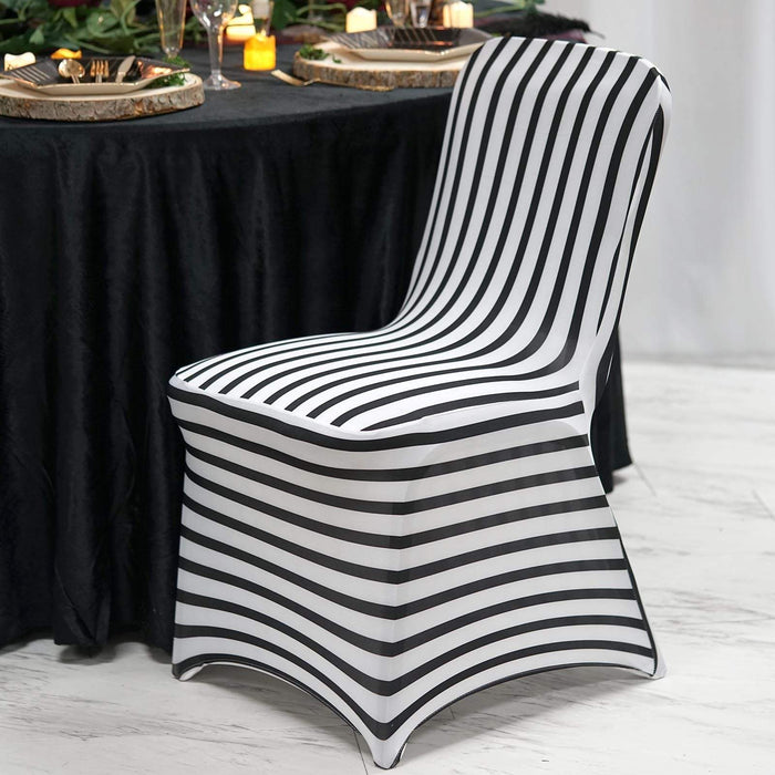 Striped Spandex Stretchable Chair Cover - Black and White CHAIR_SPX14_BLK