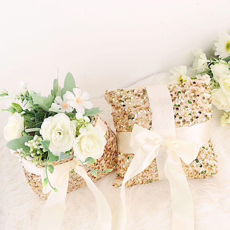 Velvet with Sequin Flower Girl Basket and Ring Bearer Pillow - Ivory and Gold WED_CER_FGRB_SEQ01_GOLD