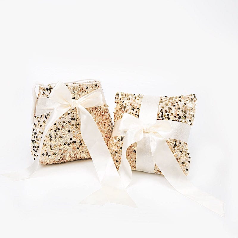 Velvet with Sequin Flower Girl Basket and Ring Bearer Pillow - Ivory and Gold WED_CER_FGRB_SEQ01_GOLD