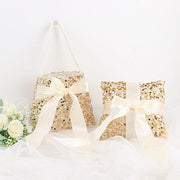 Velvet with Sequin Flower Girl Basket and Ring Bearer Pillow - Ivory and Gold WED_CER_FGRB_SEQ01_GOLD