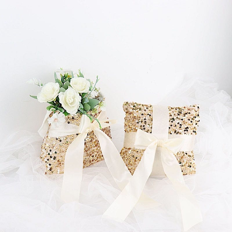 Velvet with Sequin Flower Girl Basket and Ring Bearer Pillow - Ivory and Gold WED_CER_FGRB_SEQ01_GOLD
