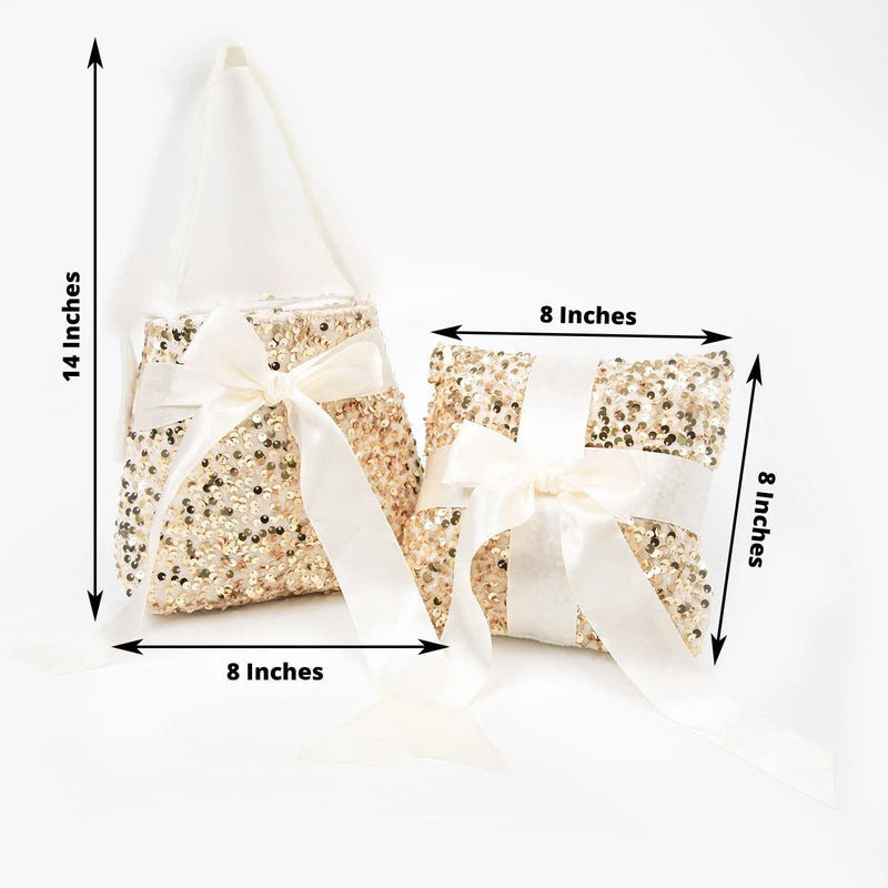 Velvet with Sequin Flower Girl Basket and Ring Bearer Pillow - Ivory and Gold WED_CER_FGRB_SEQ01_GOLD