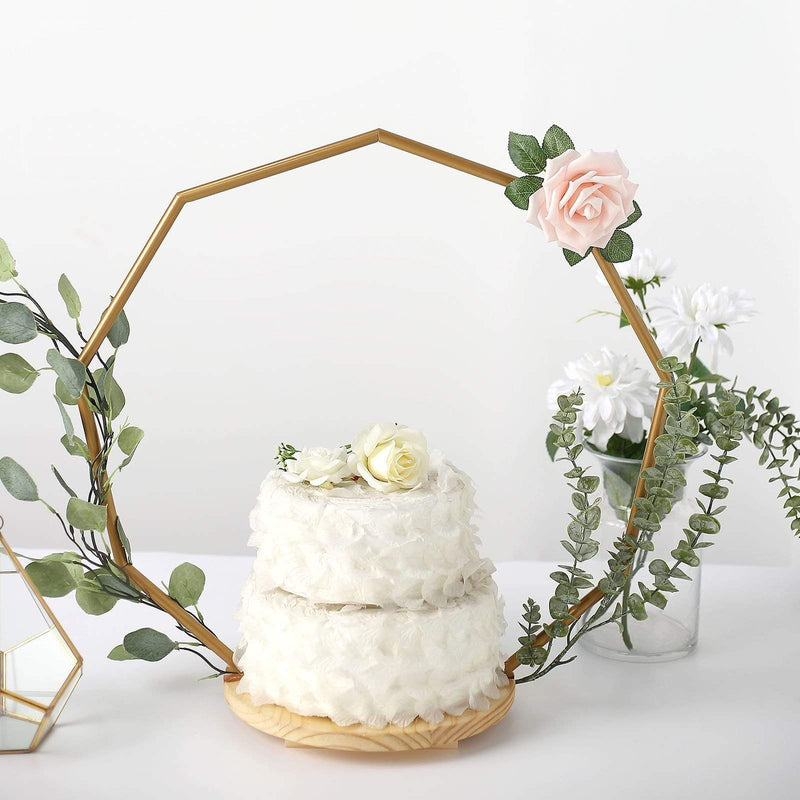 Wood with Nonagon Geometric Metal Arch Cake Display Stand - Gold